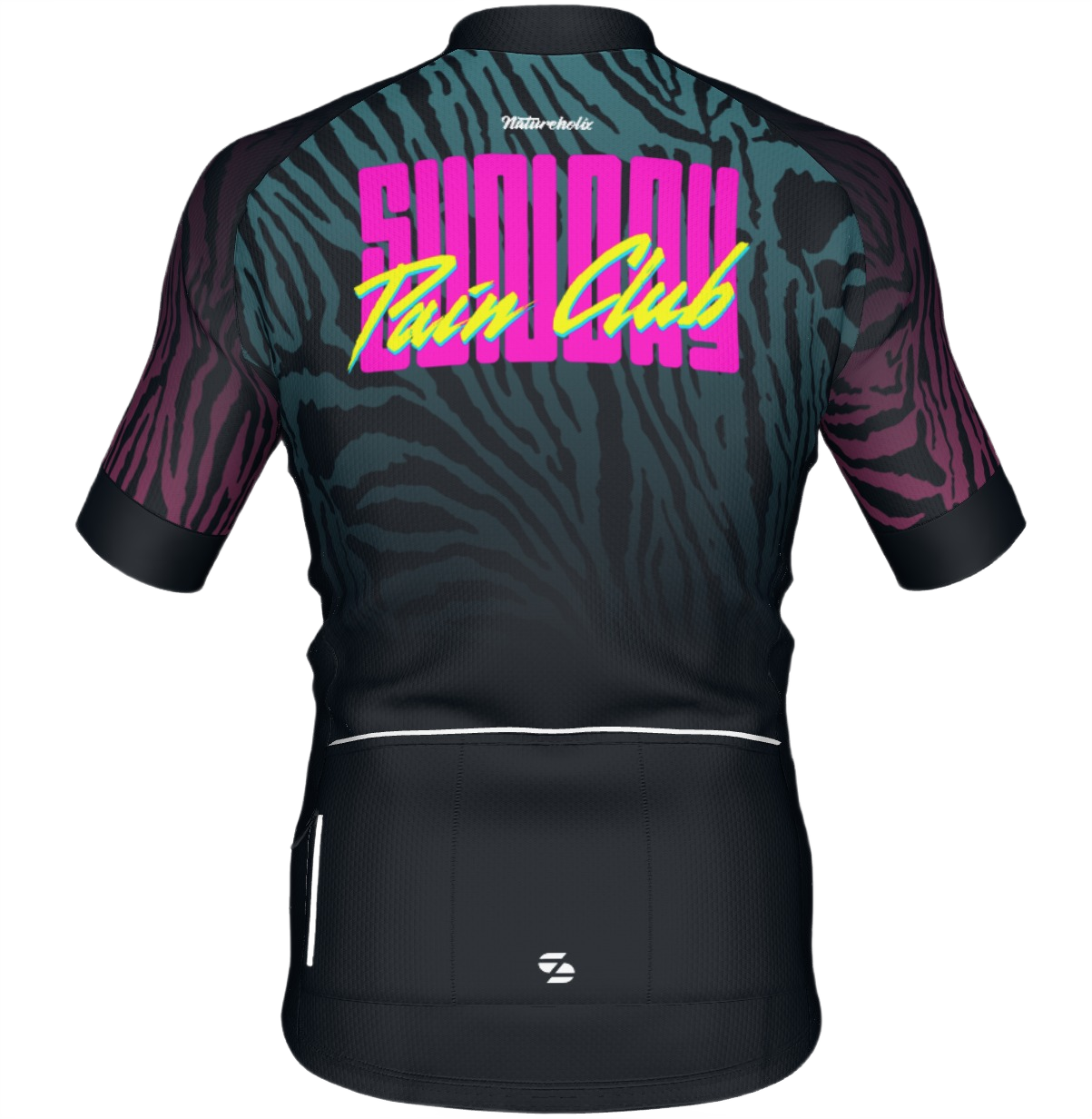 Handgedrucktes Radsport Jersey Sunday Pain Club 80s Glow Design Hinten